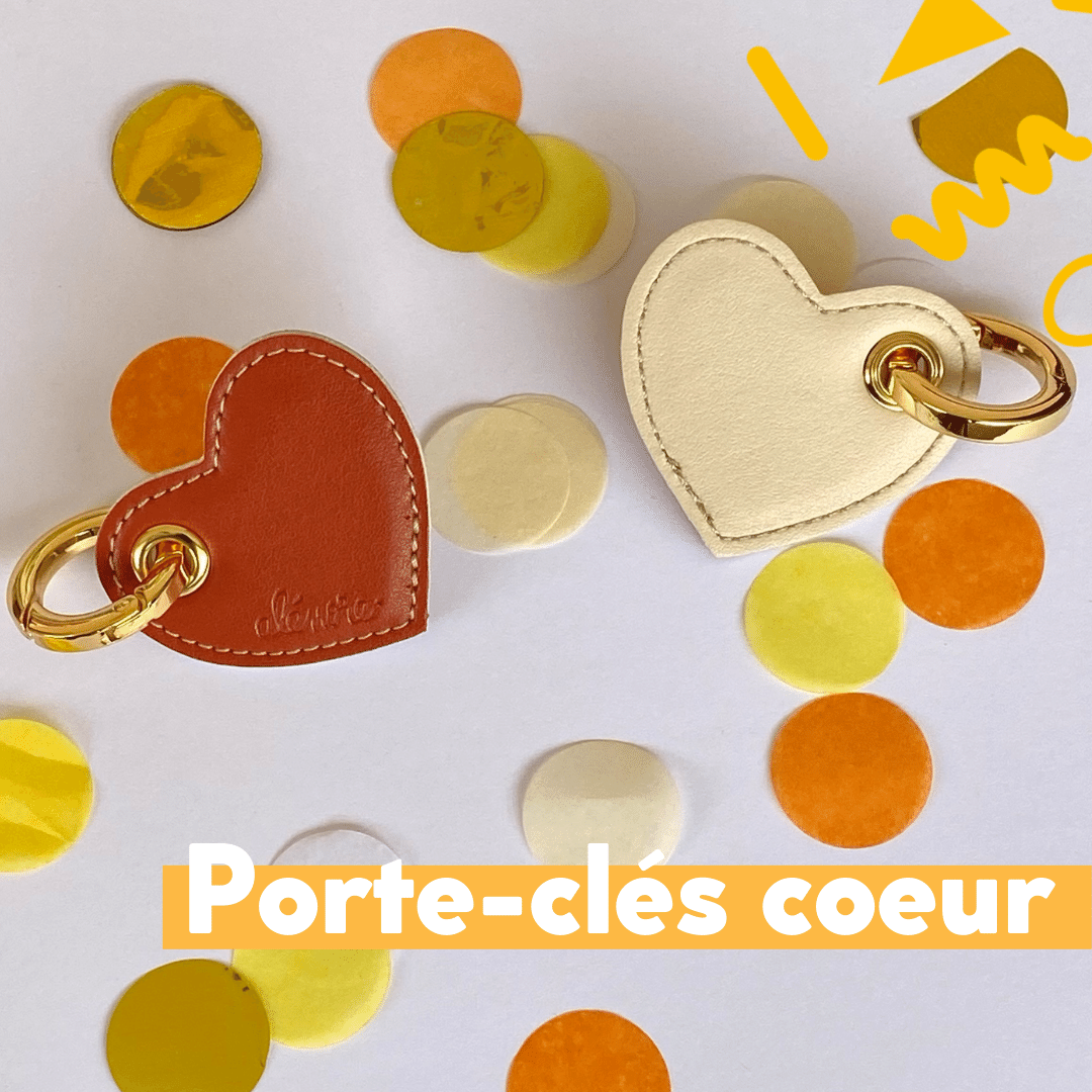 Porte-clés coeur recto-verso marron et crème